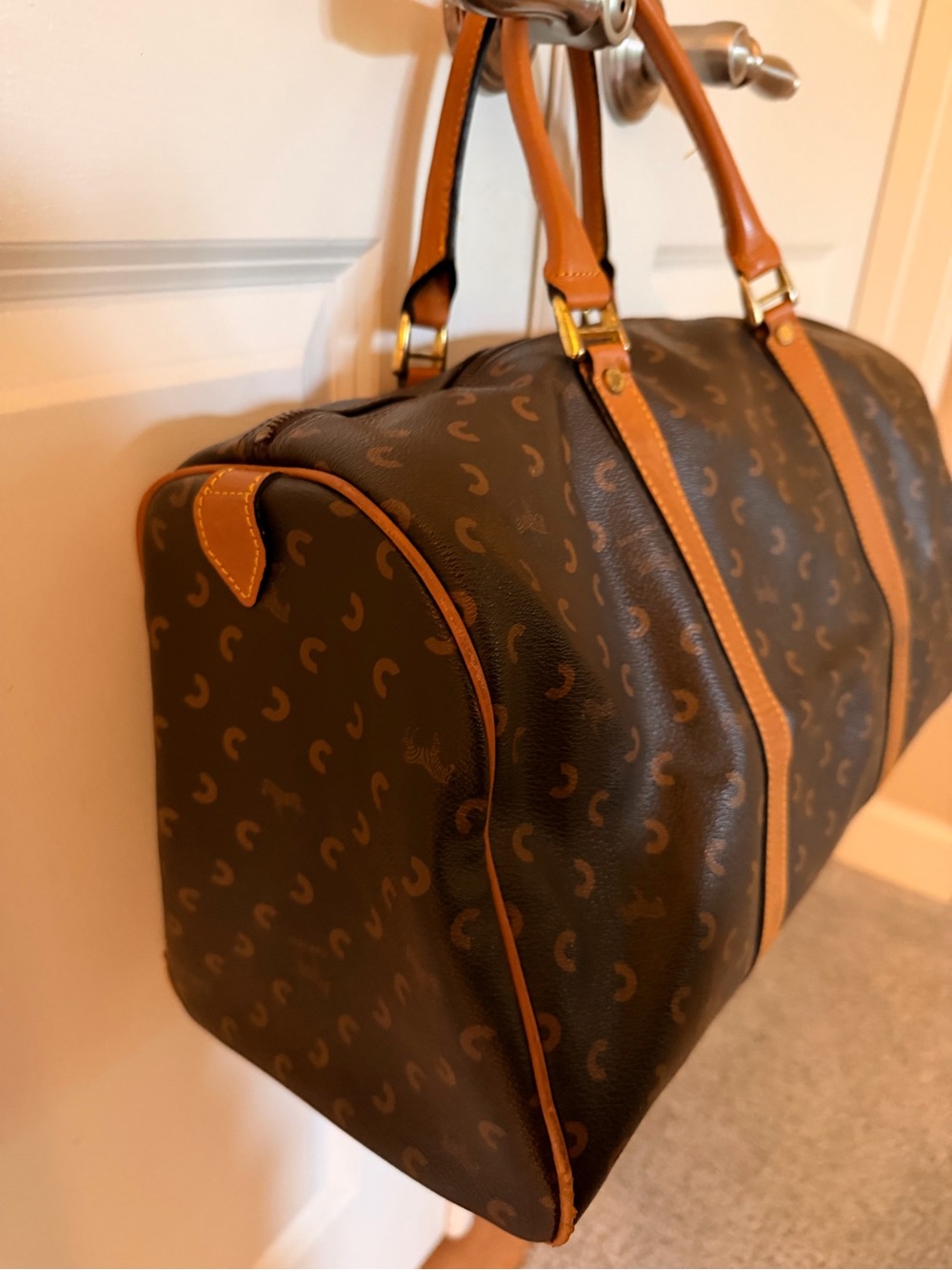 Carven Paris travel Duffel Bag in Brown and Tan - Designer Logo Pattern - Picture 10 of 15